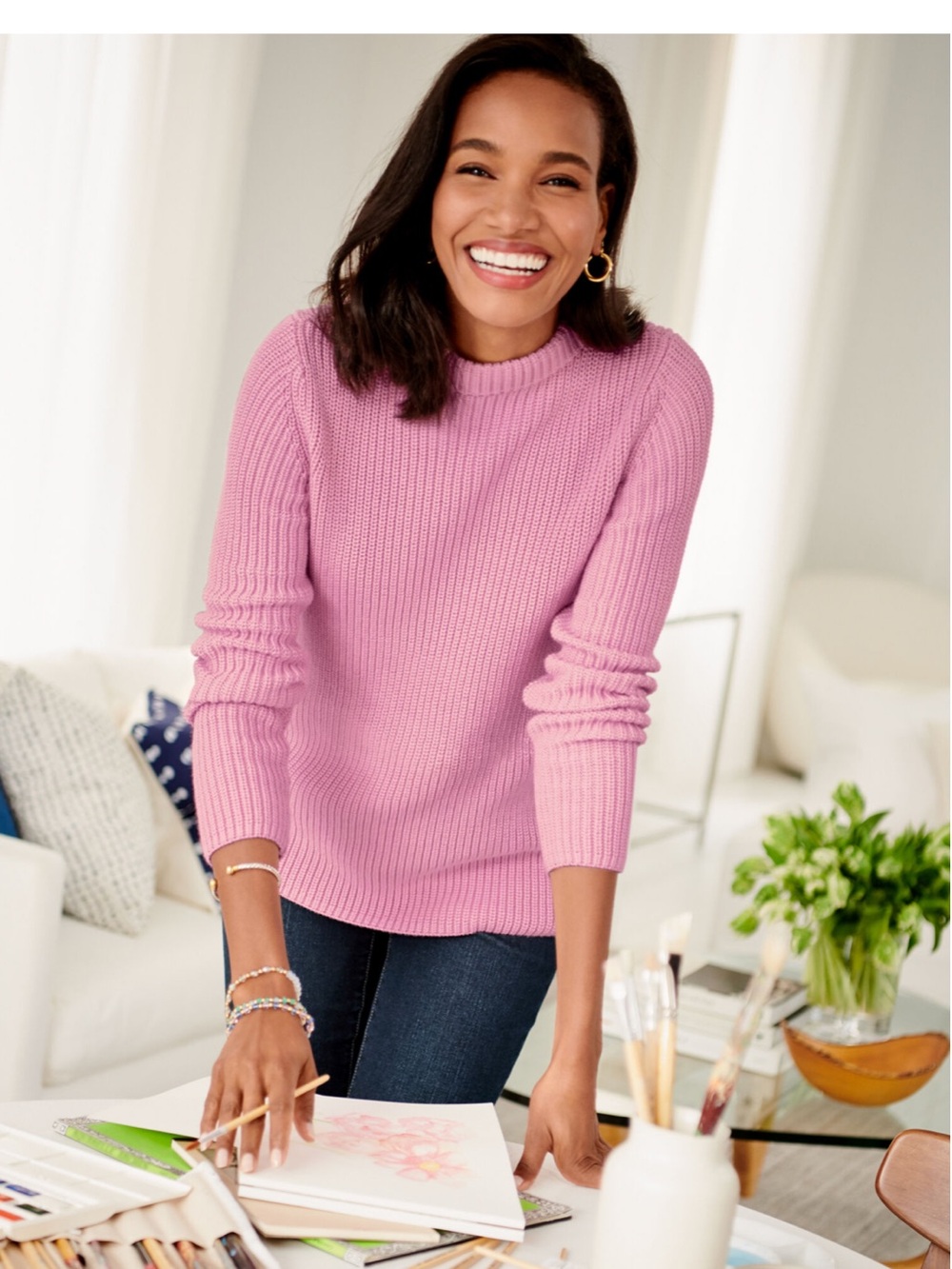 Talbots Women's 100% Cotton Ribbed Knit Sweater Longline Style  Pink Size M